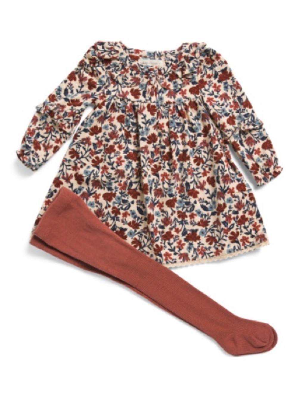 Kids Long-Sleeve Floral Dress with Rust Tights